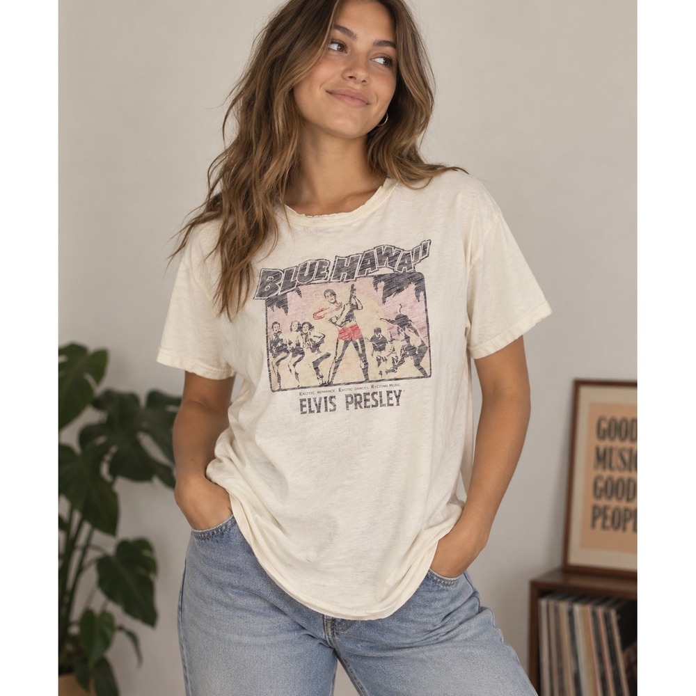 Elvis Presley Lucky Brand Blue Hawaii Graphic Tee Cream Cotton Shirt Large